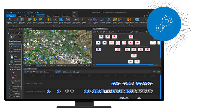 Abbildung mit zwei Zahnrädern und einem Computerbildschirm mit der ArcGIS Pro Intelligence-Oberfläche, auf der eine digitale Karte mit verstreuten Symbolen dargestellt wird