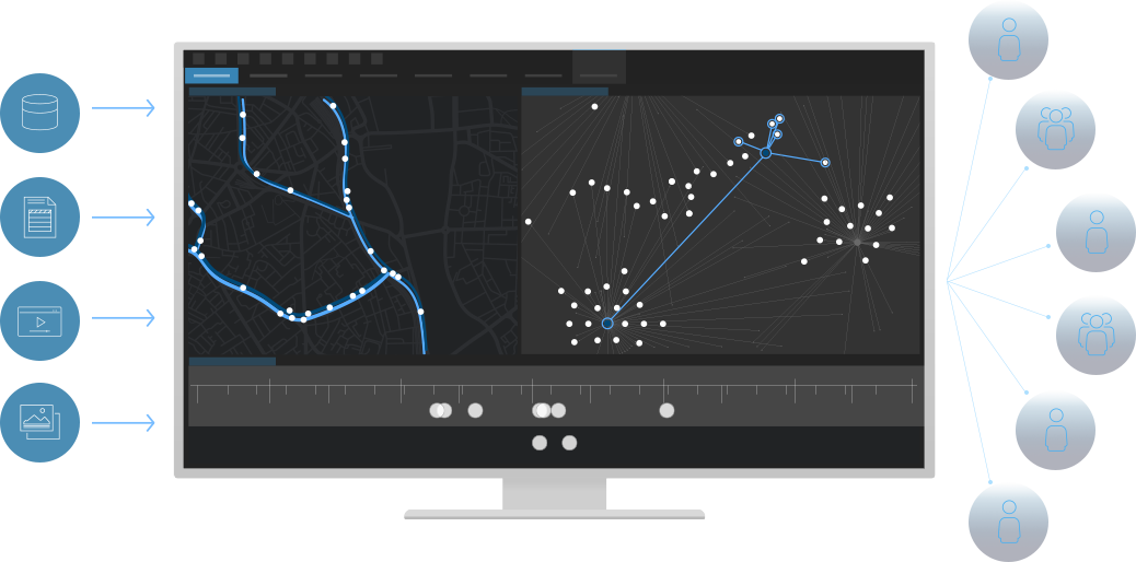 Computer monitor showing two dark gray maps side-by-side with white scattered data points and blue lines