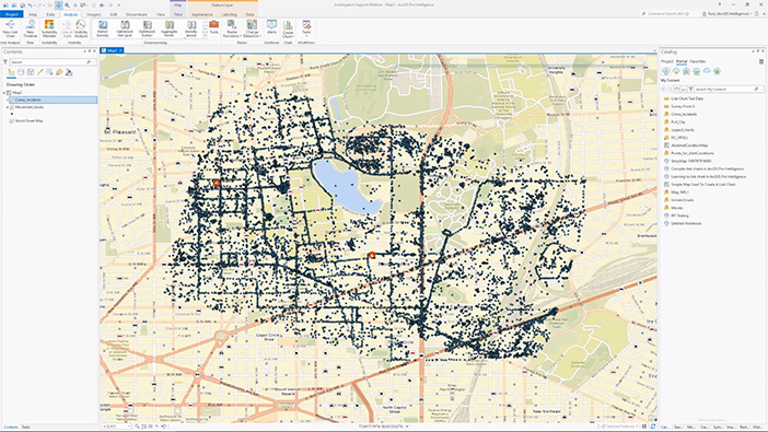 Light yellow street map opened in the ArcGIS Pro Intelligence interface with scattered black data points