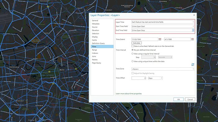 Black digital map with streets highlighted in blue and black with a popup box saying layer properties