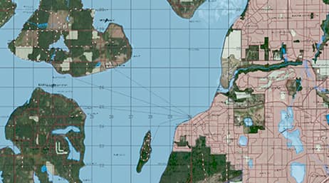 A gridded topographic map with markings for roads and waterways