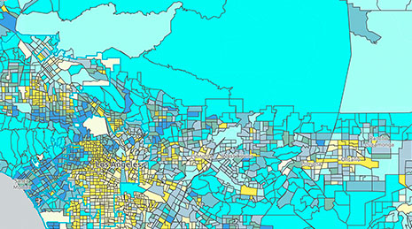 Demographic map with different regions highlighted in yellow and blue