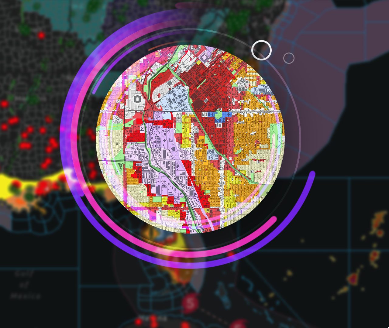Компьютер, показывающий карту с пространственными данными, окруженный изображениями высотных зданий города