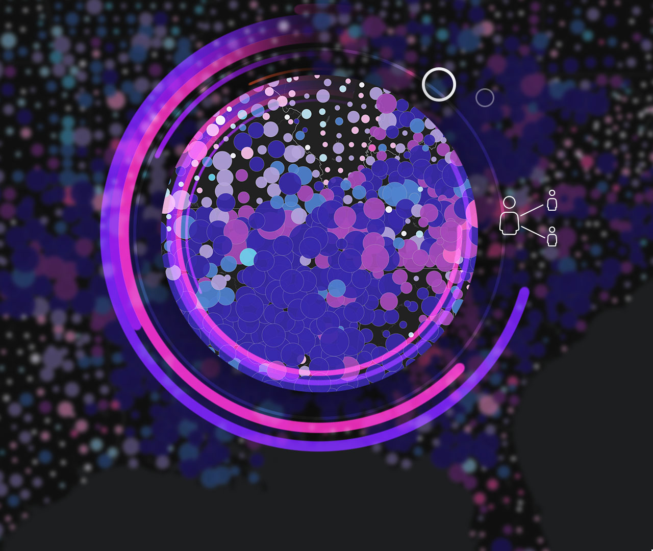 Imagem de um computador exibindo opções de compartilhamento do ArcGIS, rodeado por mapas de dados coloridos