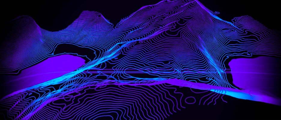 A graphic of a contour map of a mountain range in vivid blue and violet on a black background