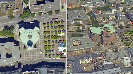 Two side-by-side views of a realistic 3D mesh of a historic building surrounded by other multistory buildings