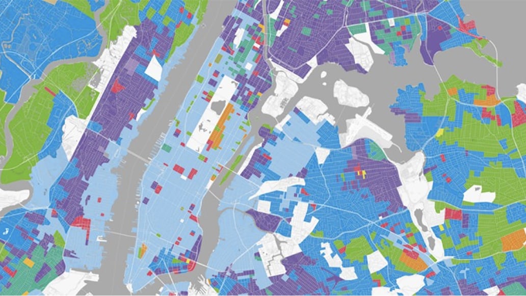 A color-coded map showing data layers across a city
