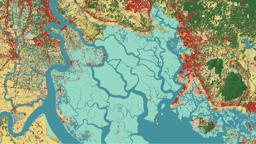 A map showing land cover in green, red, and tan with outlined areas