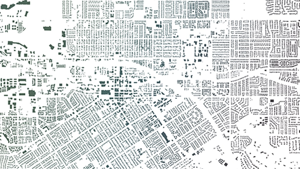 A black-and-white map with streets and parcel patterns