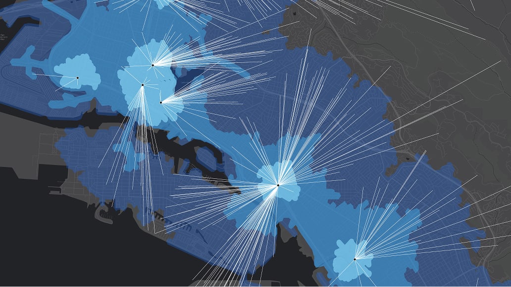 A dark map with white lines connecting locations across a region