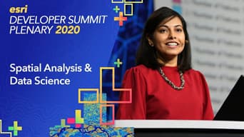 Esri 2020 Developer Summit Plenary graphic next to a photo of a woman in a red dress