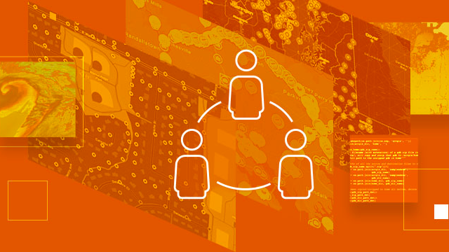 A graphic of three map layers overlaid with small maps and bits of code, all shaded in yellow and orange, and a white line icon of three people connected in a circle
