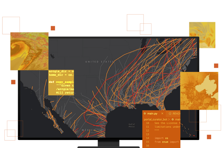 A graphic of a monitor displaying a map of the United States in gray with routes shown in yellow and red, overlaid with small maps and bits of code shaded yellow and orange