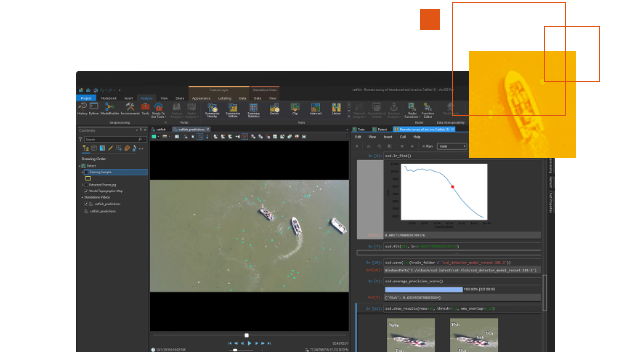 ArcGIS Pro mostrando análise avançada e imagem de barcos na água