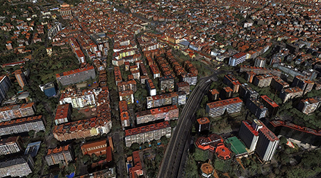 An aerial view of a densely developed city