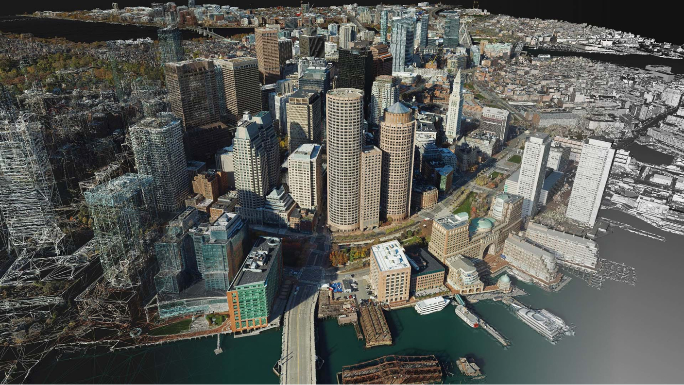 A 3D textured mesh of a city with tall buildings on the water overlayed with different types of mesh formats
