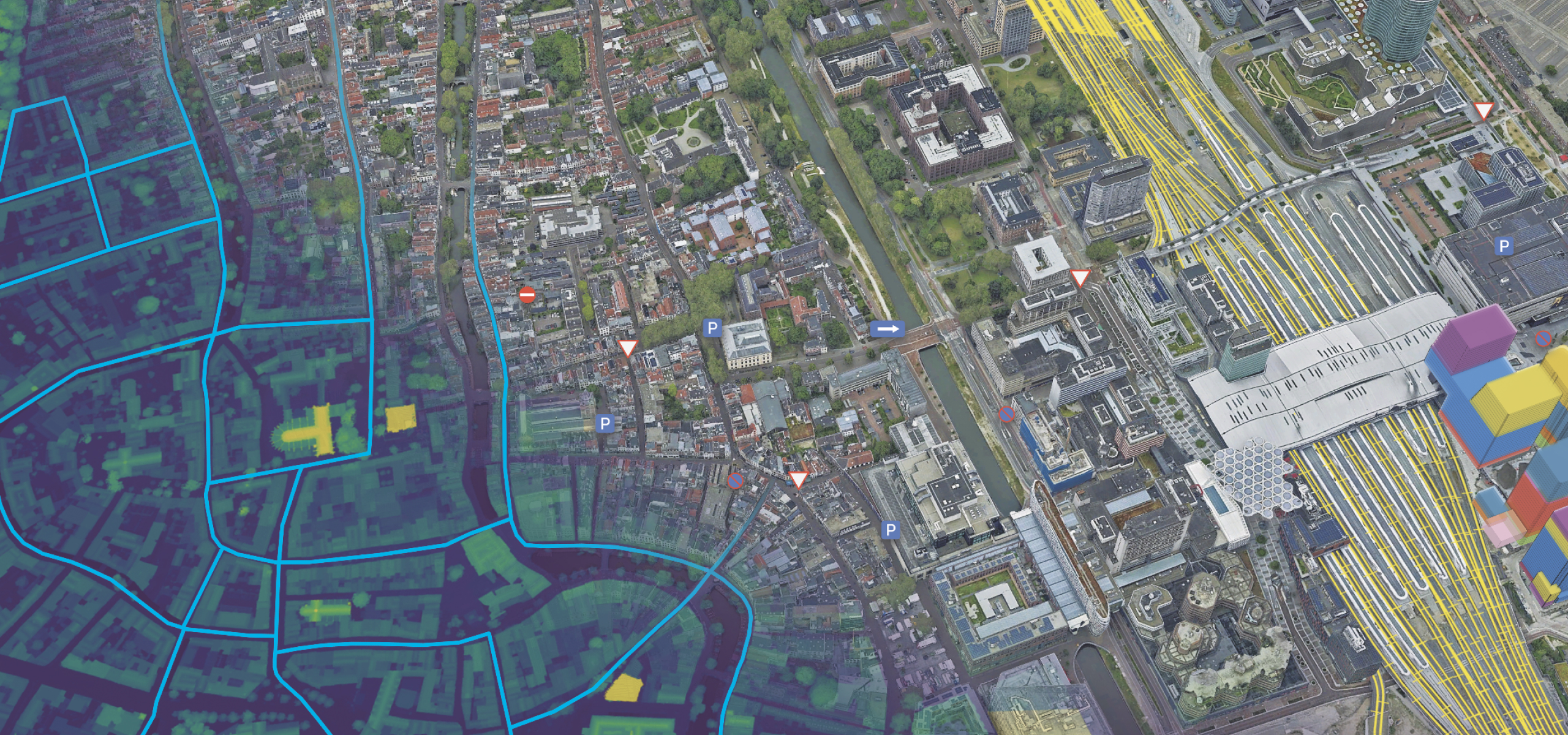 Malla 3D de una ciudad que muestra edificios, carreteras y terrenos verdes superpuestos con datos subterráneos y capas de datos de calles 