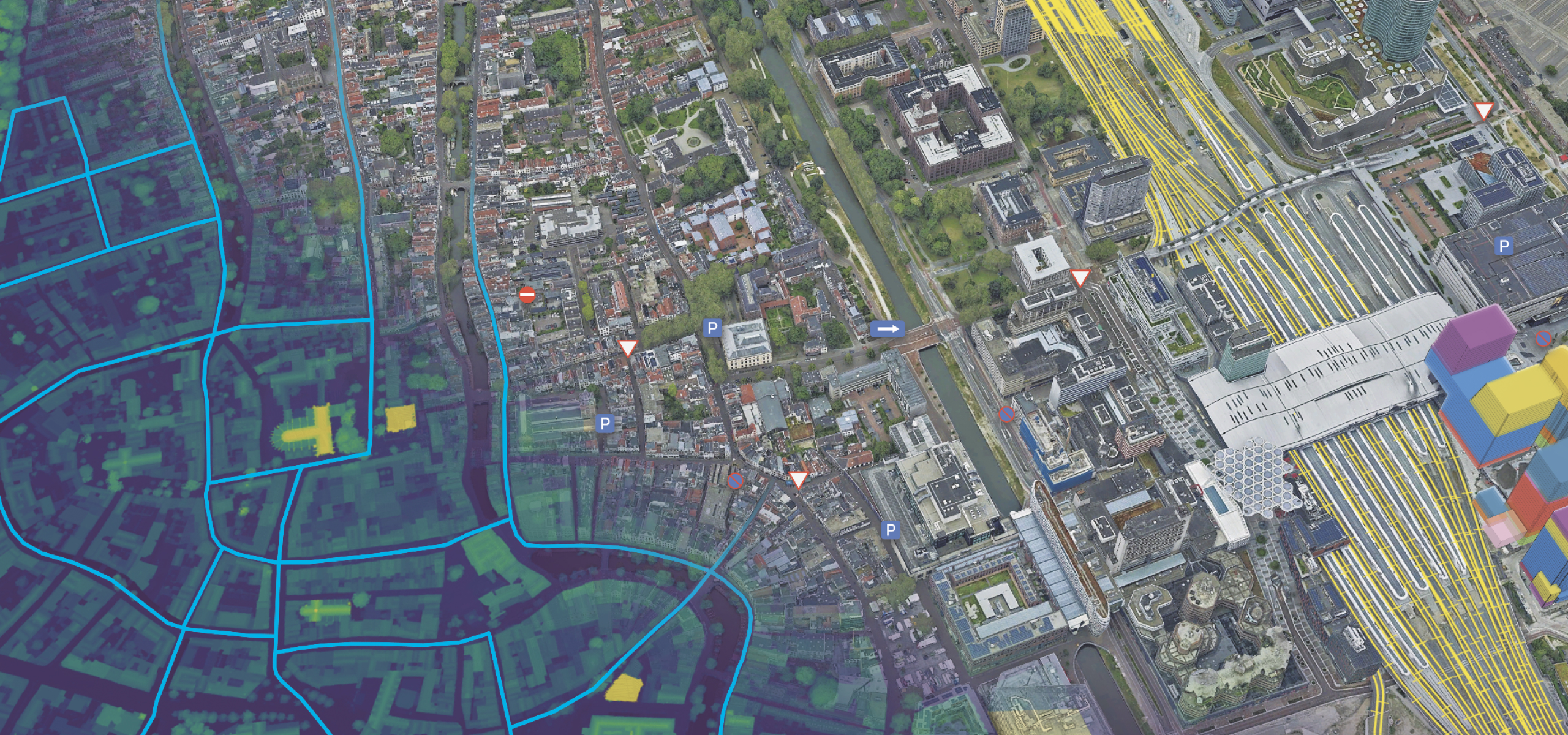 3D mesh of a city showing buildings, roads, and green land overlayed with underground data and street data layers
