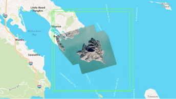 Map area of Angel Island with blue water and the land in beige with satellite imagery data overlayed on top