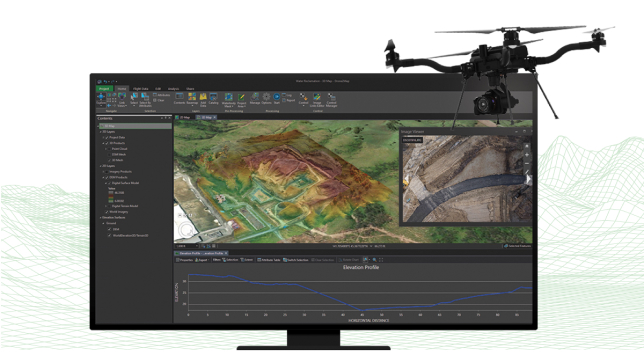 Desktop screen showing image of brown and green land representing volumetric analysis and a drone flying in the foreground