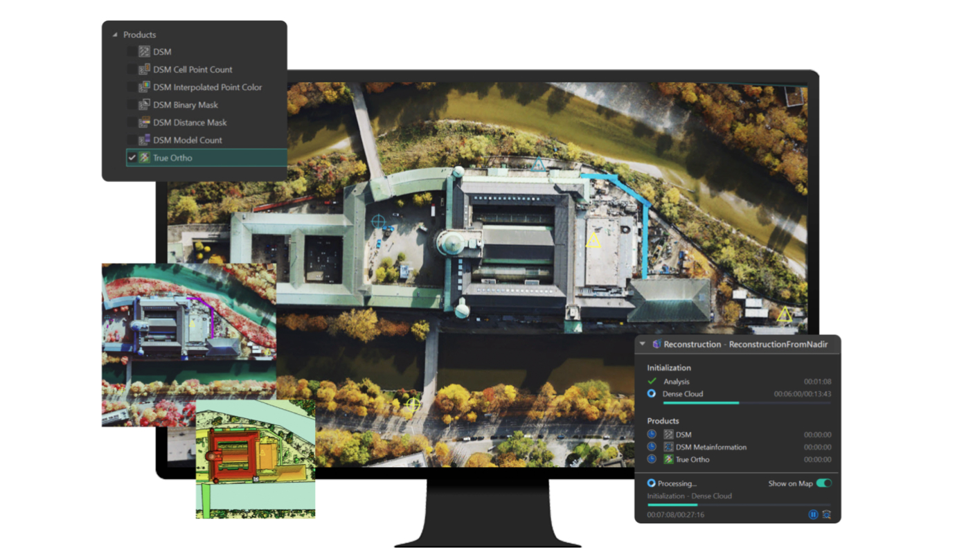 Orthomosaic of a building surrounded by trees on a computer screen and inset aerial views of the same building as a 3D mesh