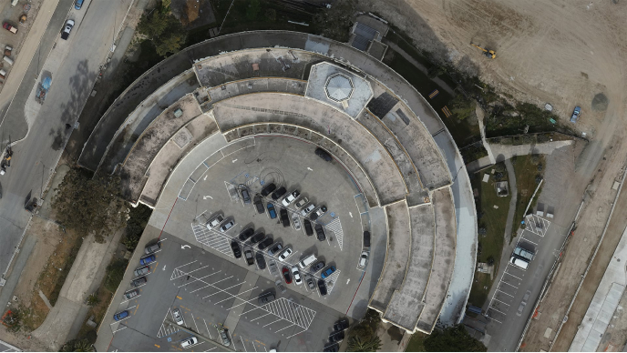 Aerial image from a drone of a building and parking lot