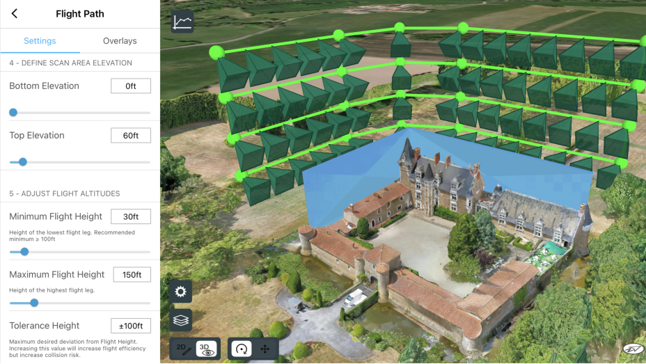 An iPad showing the flight pattern of a drone around a castle and green vegetation with connected green lines and shapes
