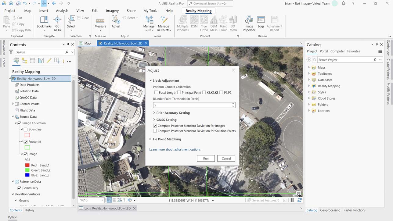 An aerial image of a building with surrounding text representing the editing panes in the software to align images 