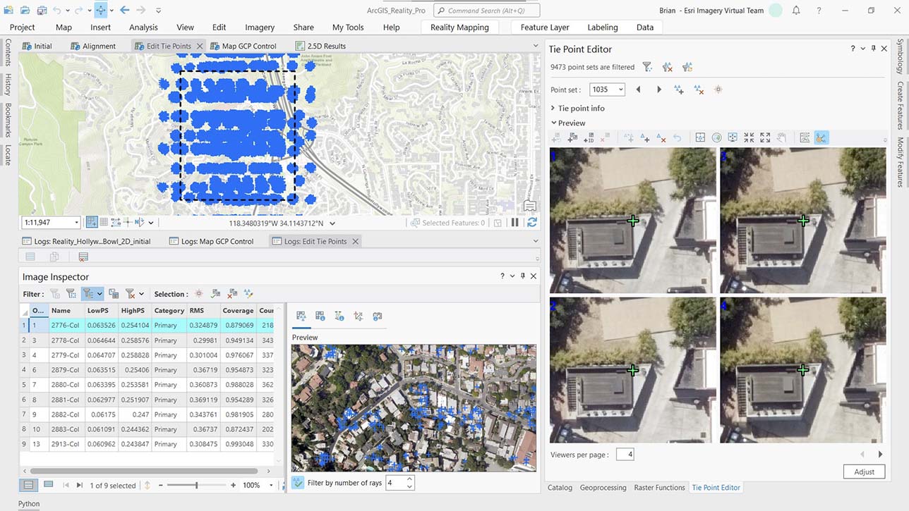 Schermata di una mappa, immagini aeree di edifici e testo che rappresenta il software che mostra i perfezionamenti apportati ai prodotti di output 