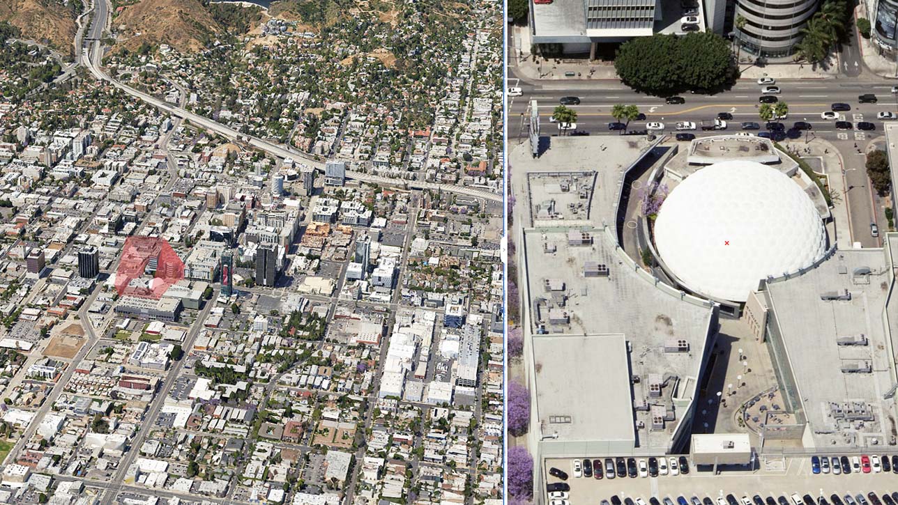 Two side-by-side images of city crowded with buildings and a building campus representing a 3D mesh 