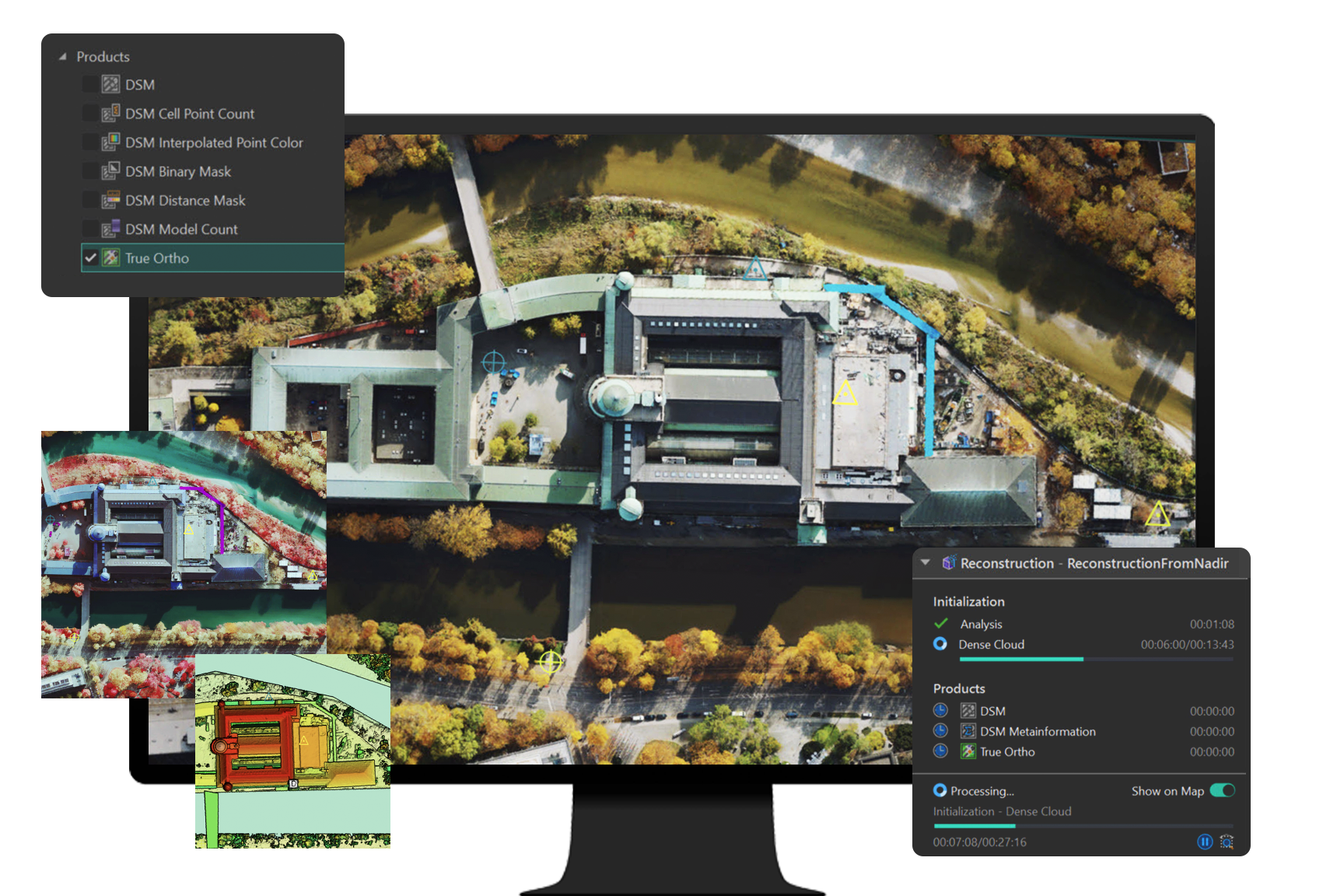 コンピューター画面上の大きな建物のオルソモザイクと、3D メッシュとしての同じ建物の差し込み航空写真