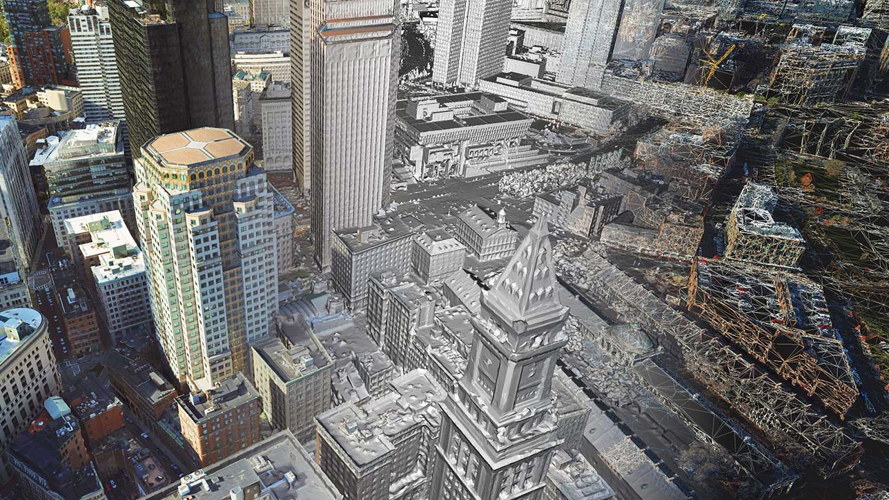 An urban landscape with tall buildings showing different layers of 3D meshes morphed together 