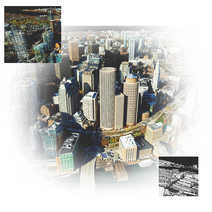 Photo of city with tall buildings representing a 3D textured mesh with inset photos of city buildings representing wire mesh