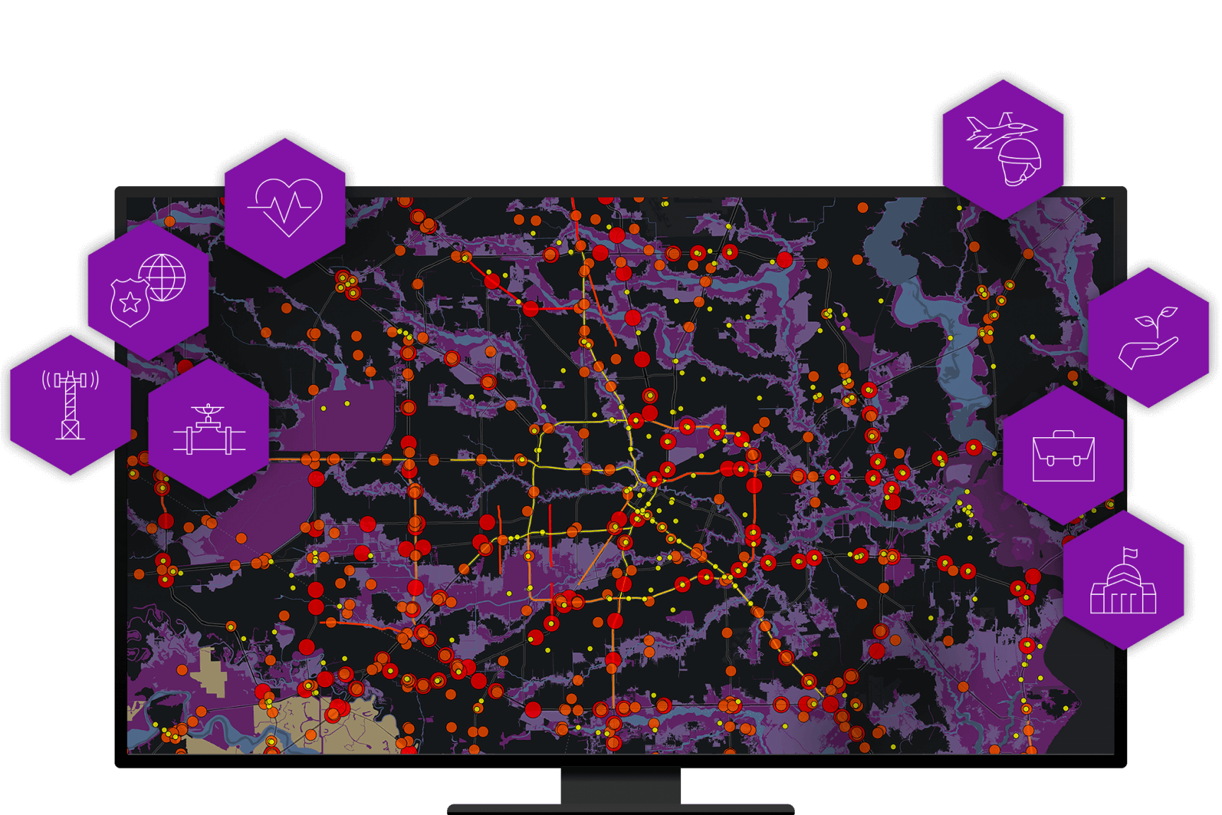 A computer desktop monitor displaying a purple and black map with many dispersed red dots
