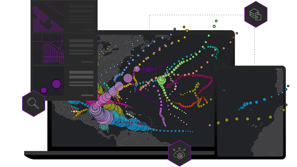 Map of North America on a laptop screen and a tablet with scattered multicolored dots and a cloud and magnifying glass icon