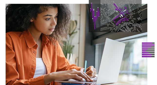 거리 맵의 작은 이미지상에 주황색 상의를 입고 노트북으로 작업 중인 젊은 여성