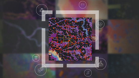 A graphic with a purple and black street map within a square white border against an out-of-focus background of several maps side by side