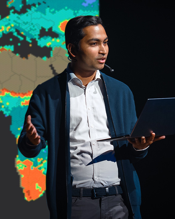 Three images featuring a man with a microphone, a turquoise map with scattered orange data points, and an orange bar graph
