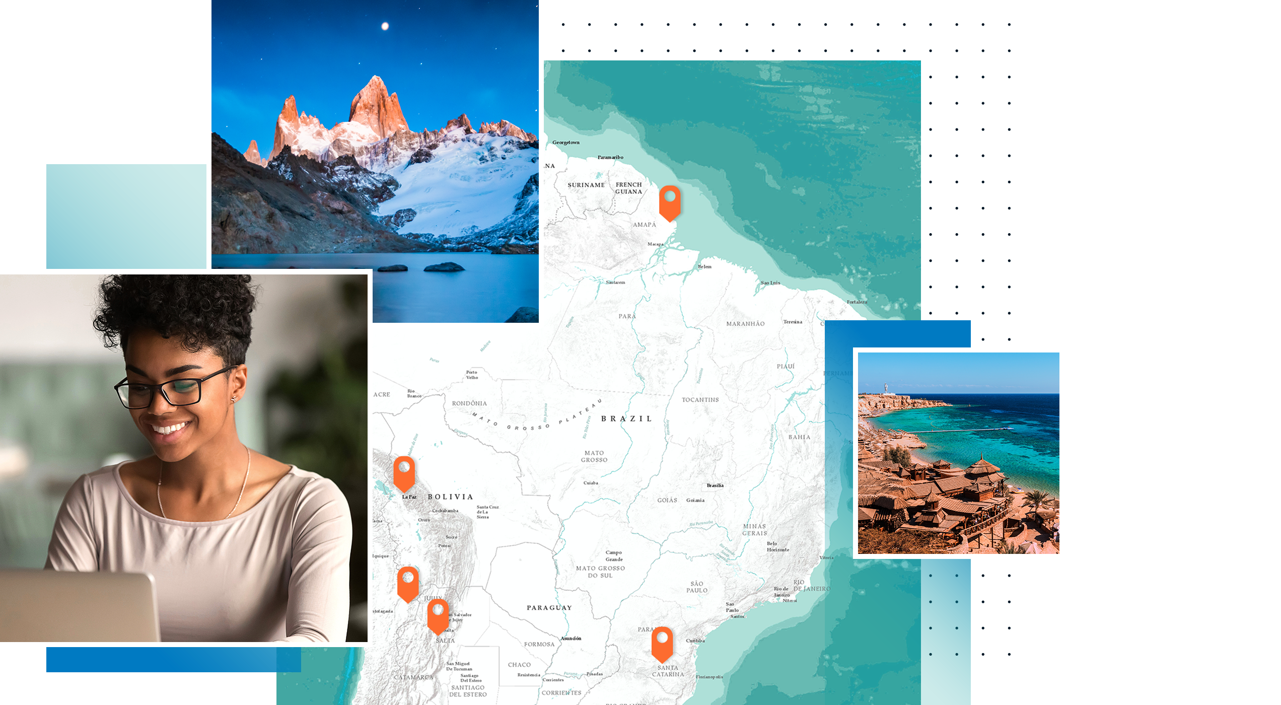 A series of images including a woman typing on a laptop, a map of South America with five orange place markers, and mountains
