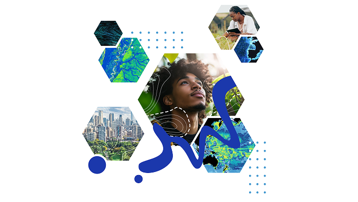 Abstract images in hexagonal frames including a people outdoors gazing at the sky and grass, blue and green maps, and a city skyline