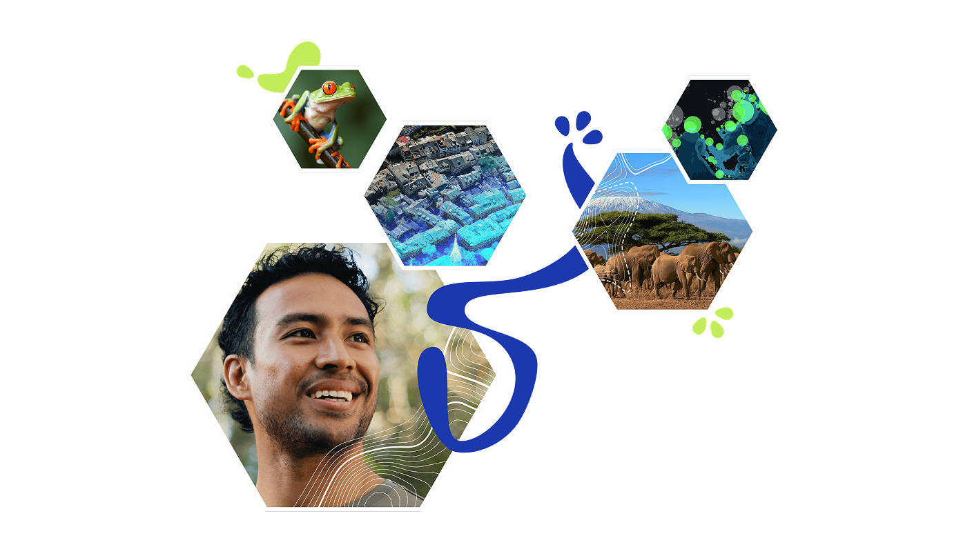 Colorful graphic of Earth in space overlaid with small images of a smiling person, wildlife, and maps