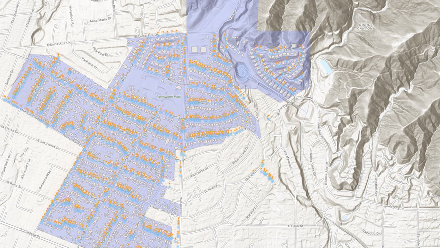 A schematic layout of individual homes and roads against a topographic map of Altadena, California