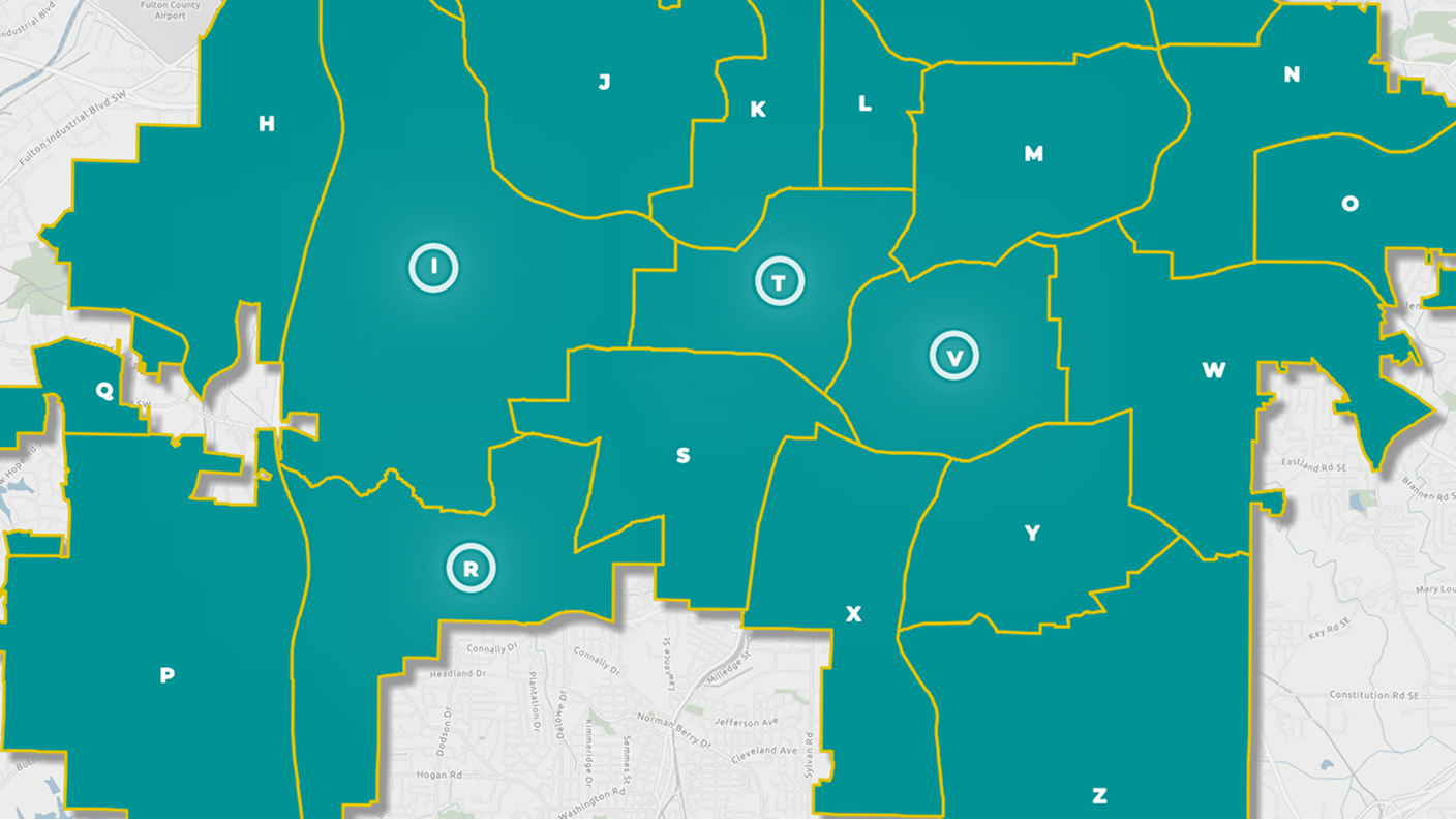 Map of the 25 planning units of Atlanta, Georgia, highlighted in aqua blue and identified by the letters A through Y