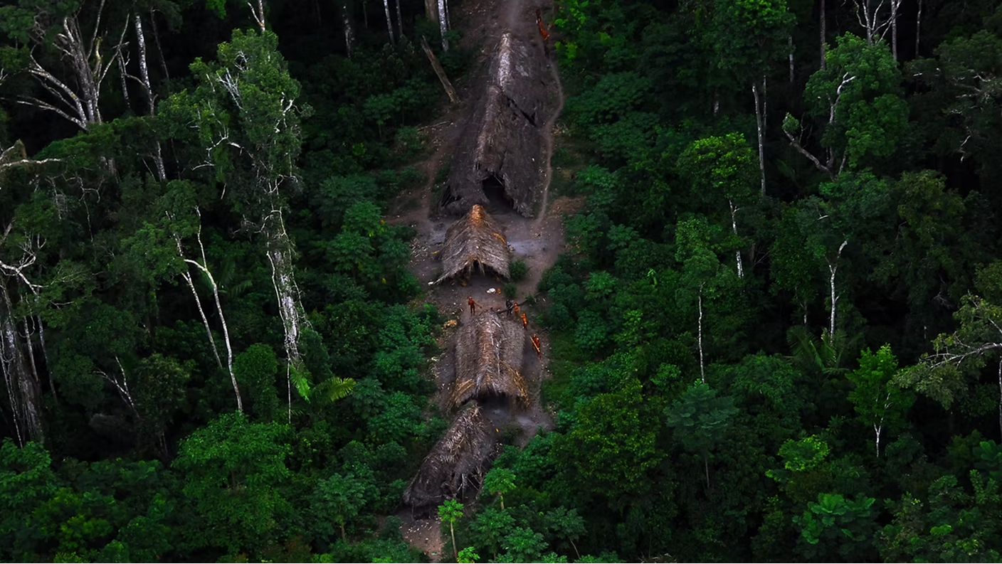 A dense, vibrant green forest surrounds Indigenous tribe members and grass-covered buildings
