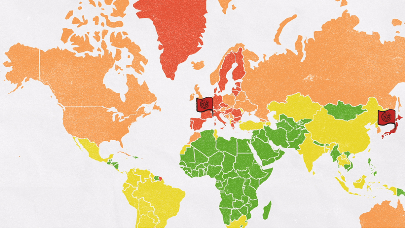 A global map of countries where the population aged 65 and above is rising fastest, with green as the lowest and red as the highest