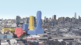 A digital twin of a downtown area with new building models 