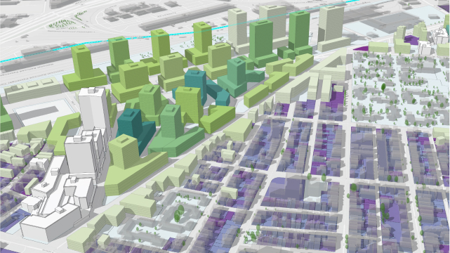 3D buildings in green and purple representing 3D transparent envelopes showing the maximum buildable height in a neighborhood
