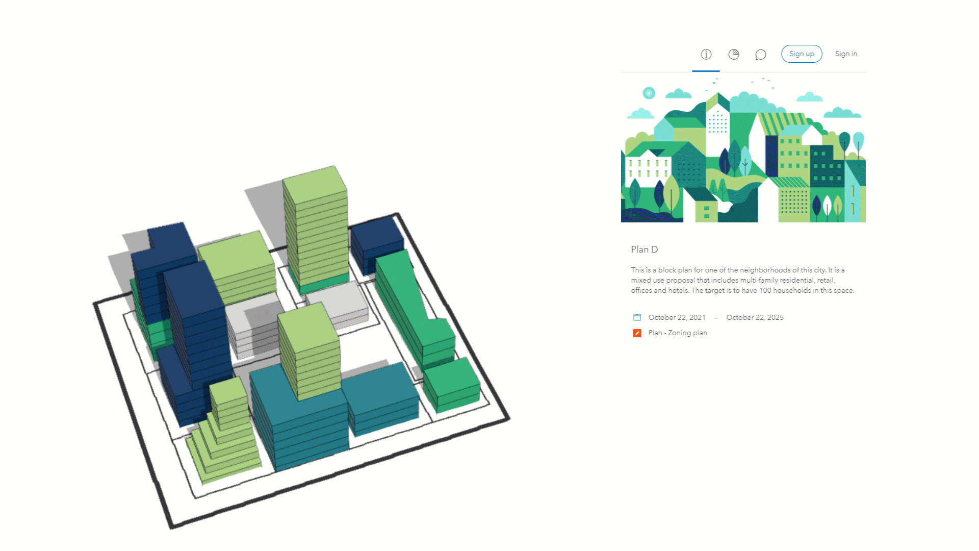 A GIF showing green and blue 3D buildings representing a 3D model of proposed development with a pop-up window of text