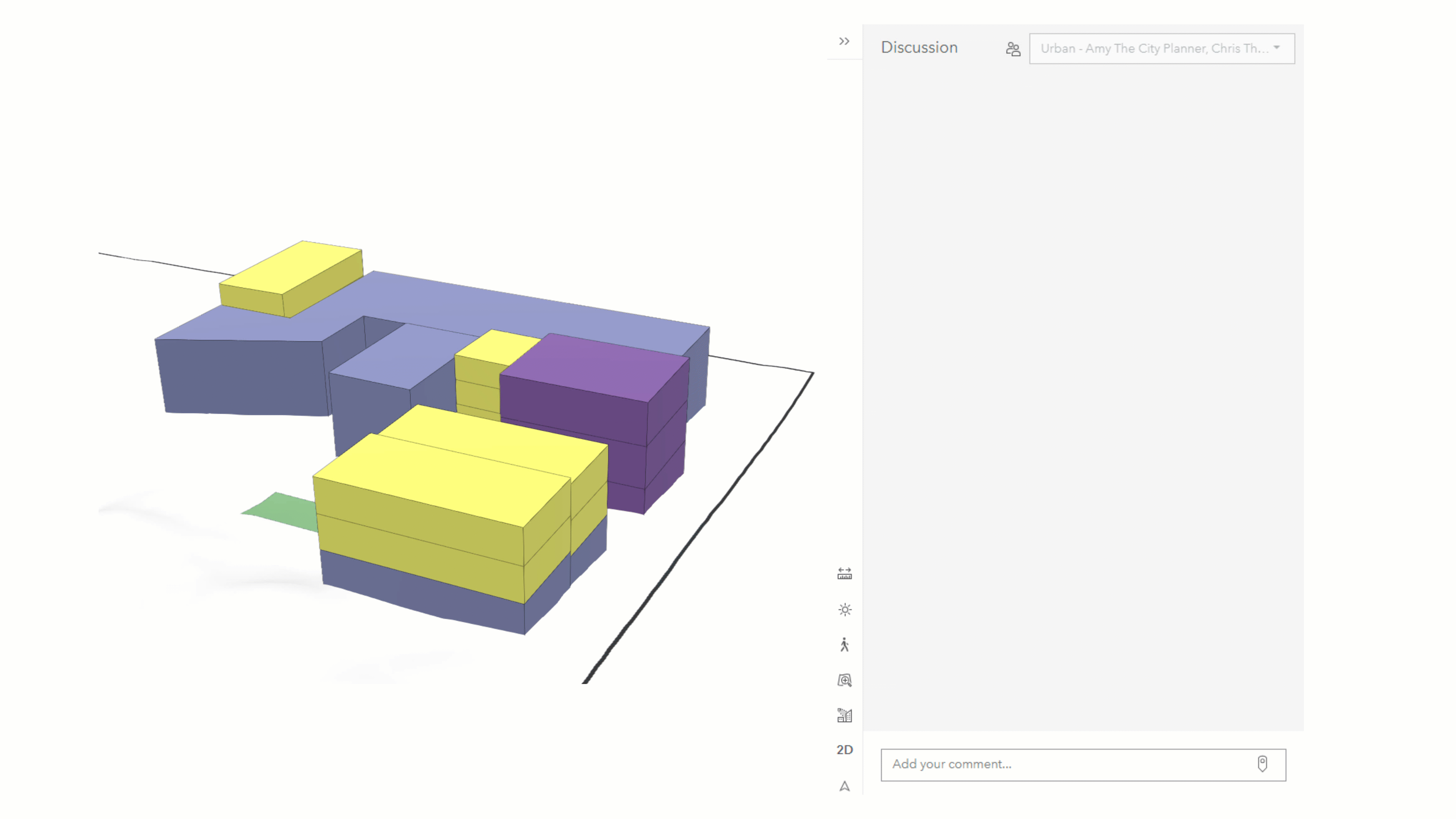 A GIF showing how to add comments to a 3D model with a yellow and purple 3D building and popup box with text