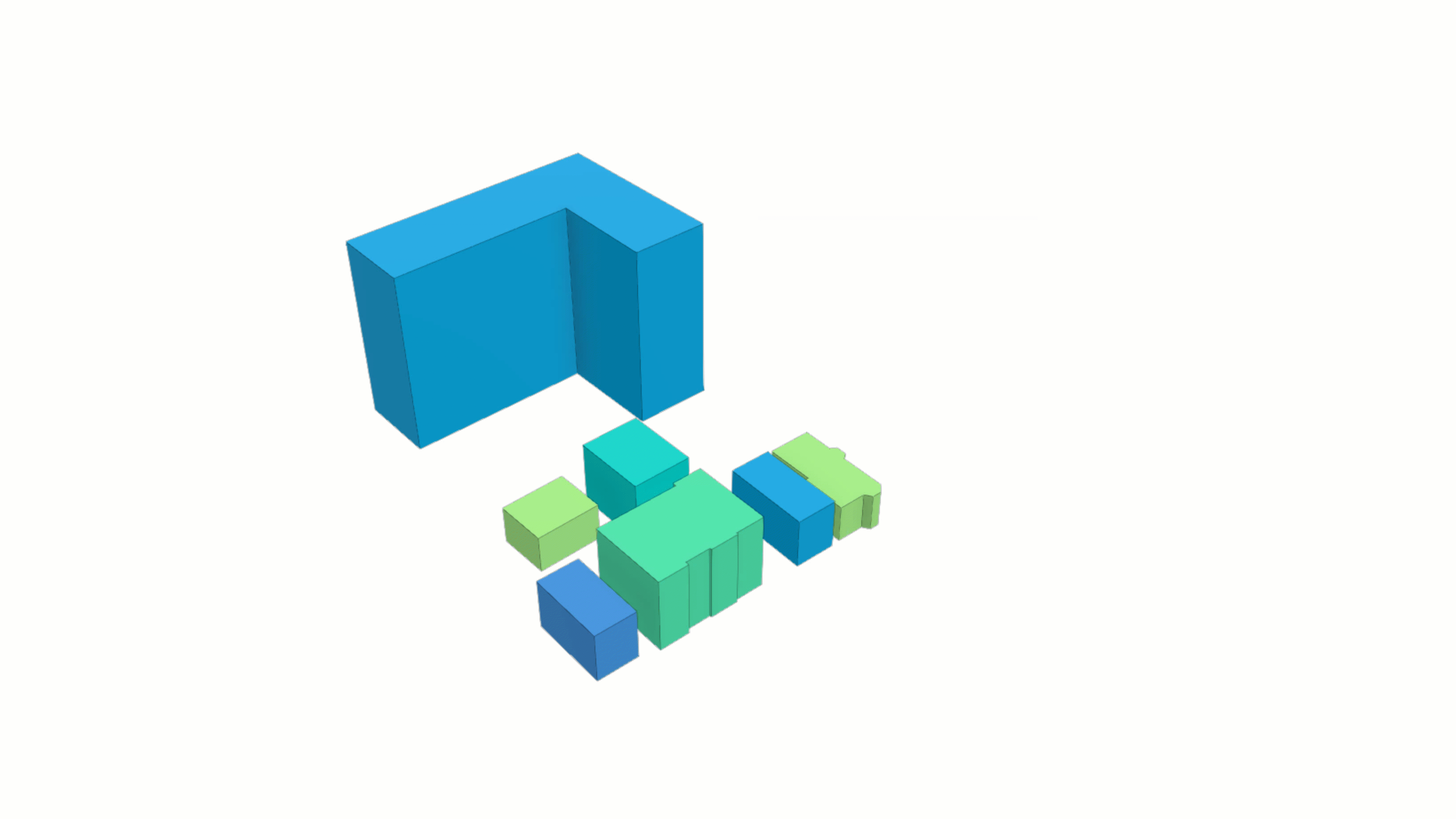 A GIF of several blue and green shapes showing a pop-up window with building properties related to a 3D building